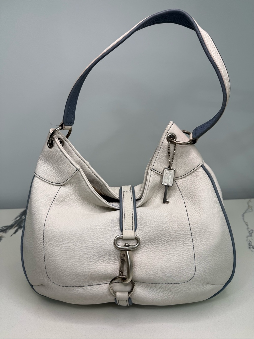 Vintage Fossil White Leather Hobo Shoulder Bag Y2K